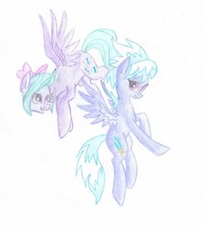 Size: 542x604 | Tagged: safe, artist:pony-paint, cloudchaser, flitter, pegasus, pony, g4, bow, duo, female, flying, hair bow, mare, simple background, sisters, traditional art, white background