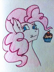 Size: 1024x1365 | Tagged: safe, artist:mistressanput, pinkie pie, earth pony, pony, g4, bust, cupcake, ear fluff, eating, female, food, mare, portrait, simple background, solo, traditional art, white background