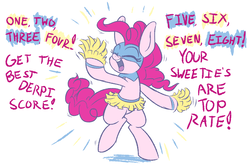 Size: 1500x1000 | Tagged: safe, artist:heir-of-rick, pinkie pie, earth pony, pony, g4, bipedal, chalkzone, cheering, cheerleader, clothes, cute, dialogue, diapinkes, female, mare, mask, miniskirt, pom pom, simple background, skirt, skirt lift, snaponka, snappy pie, solo, technically an upskirt shot, white background