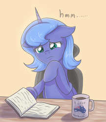 Size: 3377x3896 | Tagged: safe, artist:sumin6301, princess luna, alicorn, pony, g4, book, chair, coffee, cup, female, high res, mare, morning ponies, reading, sitting, solo, thinking, underhoof, younger
