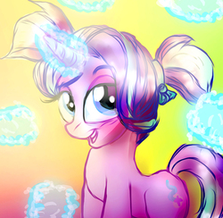 Size: 1389x1354 | Tagged: safe, artist:loveless-nights, starlight glimmer, pony, unicorn, g4, alternate hairstyle, cute, female, glimmerbetes, glowing horn, horn, pigtails, ribbon, solo