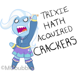 Size: 3300x3000 | Tagged: safe, artist:mobubbles, trixie, equestria girls, g4, boots, chibi, clothes, crackers, cute, female, food, high res, hoodie, no pupils, peanut butter, peanut butter crackers, sharp teeth, shoes, simple background, skirt, sweater, teeth, text, that human sure does love peanut butter crackers, transparent background