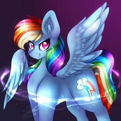 Size: 1774x1774 | Tagged: safe, artist:felicitydraws, rainbow dash, pegasus, pony, g4, backwards cutie mark, big ears, ear fluff, female, gradient background, looking at you, magic, mare, shiny, smiling, smirk, solo, spread wings, wings