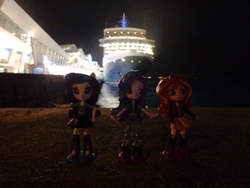 Size: 4608x3456 | Tagged: safe, rarity, starlight glimmer, sunset shimmer, equestria girls, g4, cruise ship, doll, equestria girls minis, irl, night, photo, singapore, toy