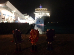 Size: 4608x3456 | Tagged: safe, rarity, starlight glimmer, sunset shimmer, equestria girls, g4, cruise ship, doll, equestria girls minis, female, irl, night, photo, singapore, toy