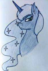 Size: 1024x1520 | Tagged: safe, artist:mistressanput, princess luna, alicorn, pony, g4, bust, ear fluff, female, looking at you, mare, portrait, simple background, slit pupils, solo, traditional art, white background