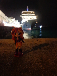 Size: 3456x4608 | Tagged: safe, sunset shimmer, equestria girls, g4, cruise ship, doll, equestria girls minis, eqventures of the minis, female, irl, night, photo, singapore, toy