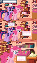 Size: 1280x2168 | Tagged: safe, artist:hakunohamikage, pinkie pie, twilight sparkle, alicorn, pony, ask-princesssparkle, g4, ask, elements of harmony, golden oaks library, tumblr, twilight sparkle (alicorn)