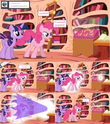 Size: 1284x1444 | Tagged: safe, artist:hakunohamikage, pinkie pie, twilight sparkle, alicorn, pony, ask-princesssparkle, g4, ask, elements of harmony, golden oaks library, magic, tumblr, twilight sparkle (alicorn)