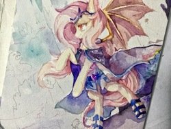 Size: 3264x2448 | Tagged: safe, artist:nitrogenowo, fluttershy, bat pony, pony, g4, clothes, female, flutterbat, hades, high res, mare, race swap, raised hoof, rearing, solo, traditional art, watercolor painting