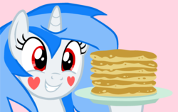 Size: 2350x1488 | Tagged: safe, artist:gempainter32, oc, oc only, oc:diamond nella, pony, unicorn, blue mane, bust, cute, female, food, grin, heart, looking at you, mare, ocbetes, pancakes, pink background, plate, red eyes, show accurate, simple background, smiling, solo, story included