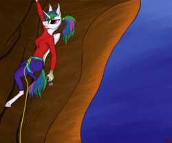 Size: 1920x1600 | Tagged: safe, artist:wax-42, princess celestia, anthro, unguligrade anthro, g4, climbing, mountain, rock, sky