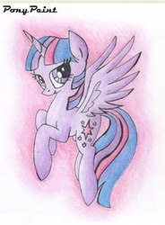 Size: 398x540 | Tagged: safe, artist:pony-paint, twilight sparkle, alicorn, pony, g4, female, flying, mare, simple background, solo, traditional art, twilight sparkle (alicorn)