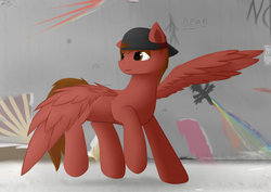 Size: 1024x724 | Tagged: safe, anonymous artist, oc, oc:starvyn', pegasus, pony, backwards ballcap, baseball cap, cap, graffiti, hat, spread wings, wall, wings