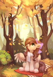 Size: 3000x4300 | Tagged: safe, artist:share dast, oc, oc only, pegasus, pony, autumn, bow, clothes, cottagecore, cute, daaaaaaaaaaaw, digital art, female, forest, hair bow, high res, leaves, looking up, mare, ocbetes, picnic blanket, scarf, signature, sitting, smiling, solo, spread wings, tree, weapons-grade cute, wings