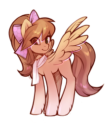 Size: 1941x2157 | Tagged: safe, artist:share dast, oc, oc only, pegasus, pony, bow, clothes, cute, eye clipping through hair, female, gradient hooves, hair bow, heterochromia, hoof fluff, looking at you, mare, ocbetes, ponytail, scarf, simple background, smiling, solo, spread wings, white background, wings