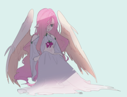 Size: 1611x1228 | Tagged: safe, artist:dusty-munji, fluttershy, human, g4, apple, clothes, dress, female, flutterbat, food, green background, humanized, looking down, open mouth, race swap, shadow, simple background, sitting, solo, wings