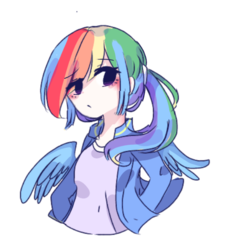 Size: 651x723 | Tagged: safe, artist:windymils, rainbow dash, human, g4, blushing, clothes, humanized, jacket, looking at you, shirt, simple background, white background