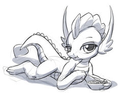 Size: 1632x1280 | Tagged: safe, artist:gsphere, smolder, dragon, g4, cereal, dragoness, eating, female, food, grayscale, looking at you, monochrome, prone, simple background, sketch, spoon, white background, wingless