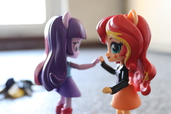 Size: 6000x4000 | Tagged: safe, artist:artofmagicpoland, sunset shimmer, twilight sparkle, equestria girls, g4, doll, equestria girls minis, female, high five, lesbian, ship:sunsetsparkle, shipping, toy