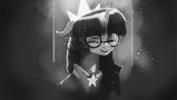 Size: 1920x1080 | Tagged: dead source, safe, artist:hierozaki, twilight sparkle, pony, g4, adorkable, adorkable twilight, black and white, bust, crown, cute, dork, eyes closed, female, glasses, grayscale, jewelry, mare, monochrome, open mouth, portrait, regalia, smiling, solo