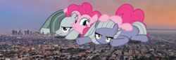 Size: 1968x680 | Tagged: safe, limestone pie, marble pie, pinkie pie, earth pony, pony, g4, annoyed, california, city, female, giant ponies in real life, giant pony, giantess, irl, los angeles, macro, photo, ponies in real life, smiling