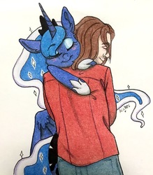 Size: 2495x2847 | Tagged: safe, artist:ameliacostanza, princess luna, alicorn, human, pony, g4, blushing, bucky barnes, commission, crossover, eyes closed, high res, hug, smiling, traditional art, winter soldier