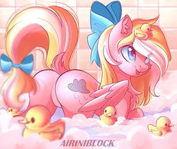 Size: 1885x1592 | Tagged: safe, artist:airiniblock, oc, oc only, oc:bay breeze, pegasus, pony, rcf community, bath, bathtub, bow, butt, chest fluff, commission, ear fluff, featureless crotch, female, folded wings, hair bow, mare, pegasus oc, plot, rubber duck, sexy, smiling, solo, stupid sexy bay breeze, tail, tail bow, wings, ych result