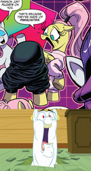 Size: 468x875 | Tagged: safe, artist:andypriceart, idw, bulk biceps, fluttershy, rarity, pegasus, pony, unicorn, g4, on your marks, spoiler:comic, spoiler:comic64, 80s, adorasexy, alternate hairstyle, aroused, big eyelashes, butt, clothes, clubhouse, cropped, crusaders clubhouse, cute, ear piercing, earring, everything old, eyes closed, faic, female, flutterbutt, fluttershy is not amused, frown, high ponytail, hole, horrified, jewelry, looking back, male, mare, no context, open mouth, parachute pants, piercing, plot, ponytail, raised hoof, sexy, ship:flutterbulk, shipping, smiling, straight, sweater, sweatershy, unamused, wide eyes, yeah