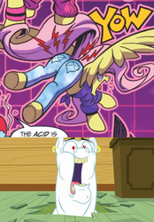 Size: 800x1148 | Tagged: safe, artist:andypriceart, idw, bulk biceps, fluttershy, pegasus, pony, g4, on your marks, spoiler:comic, spoiler:comic64, acid, aroused, burned, butt, canonical great butt, clothes, clubhouse, comic, context is for the weak, cropped, crusaders clubhouse, ear piercing, earring, everything old, faic, fashion, female, flutterbutt, front knot midriff, hole, hot pants, jeans, jewelry, literal butthurt, male, mare, midriff, ouch, pain, pants, piercing, plot, ship:flutterbulk, shipping, skinny jeans, spread wings, straight, wings, yeah, yow