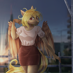 Size: 1000x1000 | Tagged: safe, artist:alicesmitt31, oc, oc only, pegasus, anthro, city, clothes, lens flare, looking at you, shirt, side slit, skirt, solo, sun