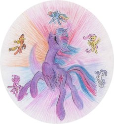 Size: 557x604 | Tagged: safe, artist:pony-paint, applejack, fluttershy, pinkie pie, rainbow dash, rarity, twilight sparkle, alicorn, pony, g4, eyes closed, female, mane six, mare, traditional art, twilight sparkle (alicorn)