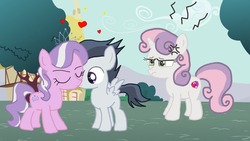 Size: 1600x900 | Tagged: safe, diamond tiara, rumble, sweetie belle, earth pony, pegasus, pony, unicorn, g4, angry, cross-popping veins, female, filly, jewelry, kissing, male, shipping, straight, tiara, tiarumble