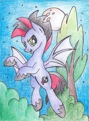 Size: 442x604 | Tagged: safe, artist:pony-paint, oc, oc only, bat pony, pony, bat pony oc, flying, male, moon, night, open mouth, solo, stallion, stars, traditional art