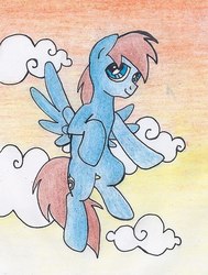 Size: 457x604 | Tagged: safe, artist:pony-paint, oc, oc only, pegasus, pony, flying, male, sky, smiling, solo, stallion