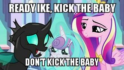 Size: 480x270 | Tagged: safe, edit, edited screencap, screencap, princess cadance, princess flurry heart, thorax, g4, the times they are a changeling, caption, image macro, kick the baby, meme, reference, south park, text