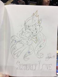 Size: 1536x2048 | Tagged: safe, artist:andypriceart, princess celestia, princess luna, alicorn, pony, :p, andy you magnificent bastard, crown, derp, duo, female, grin, hug, jewelry, lidded eyes, mare, puffy cheeks, regalia, sisters, size difference, smiling, smirk, strangling, the weak should fear the strong, tongue out, traditional art, wide eyes