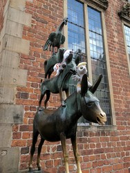 Size: 2373x3163 | Tagged: safe, artist:junky2k, derpy hooves, oc, oc:velvet remedy, pony, fallout equestria, g4, bremen, high res, irl, photo, plushie, ponies around the world, statue, the bremen musicians