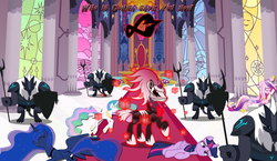 Size: 4000x2320 | Tagged: safe, artist:trungtranhaitrung, princess cadance, princess celestia, princess luna, tempest shadow, twilight sparkle, alicorn, pony, g4, my little pony: the movie, crossover, infinite (character), magic, male, sonic forces, sonic the hedgehog, sonic the hedgehog (series), storm guard, twilight sparkle (alicorn)