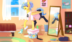 Size: 3539x2069 | Tagged: safe, artist:itsizzybel, oc, oc only, oc:singery anne, pegasus, pony, backpack, book, box, clothes, high res, maid, mirror, one eye closed, poster, solo, wink