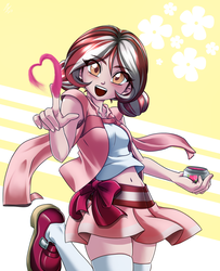 Size: 1543x1900 | Tagged: safe, artist:mauroz, part of a set, oc, oc only, oc:cherry blossom, human, belly button, bow, clothes, colored pupils, commission, female, heart, humanized, humanized oc, looking at you, midriff, open mouth, pleated skirt, skirt, socks, solo, thigh highs, zettai ryouiki