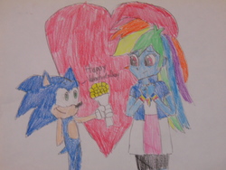 Size: 1024x768 | Tagged: safe, artist:brandonale, rainbow dash, equestria girls, g4, crossover, female, happy valentines day, heart, holiday, interspecies, male, shipping, sonic the hedgehog, sonic the hedgehog (series), sonicdash, straight, traditional art, valentine's day