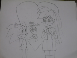 Size: 1024x768 | Tagged: safe, artist:brandonale, rainbow dash, equestria girls, g4, crossover, female, happy valentines day, heart, holiday, interspecies, male, shipping, sonic the hedgehog, sonic the hedgehog (series), sonicdash, straight, traditional art, valentine's day