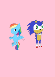 Size: 1364x1900 | Tagged: safe, artist:pumpkin-pie13, rainbow dash, g4, crossover, female, interspecies, male, ms paint, pink background, shipping, simple background, sonic boom, sonic the hedgehog, sonic the hedgehog (series), sonicdash, straight