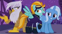 Size: 1024x569 | Tagged: artist needed, source needed, useless source url, safe, gilda, lightning dust, trixie, griffon, pegasus, pony, unicorn, g4, clothes, costume, goggles, night, ponyville, shadowbolts costume, spread wings, trio, wings