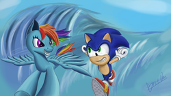 Size: 3840x2160 | Tagged: safe, artist:theunconsistentone, rainbow dash, g4, crossover, high res, male, non-shipping, sonic the hedgehog, sonic the hedgehog (series)
