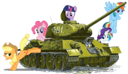 Size: 794x461 | Tagged: safe, artist:3luk, applejack, fluttershy, pinkie pie, rainbow dash, rarity, twilight sparkle, pony, g4, mane six, simple background, t-34, t-34/85, tank (vehicle), transparent background