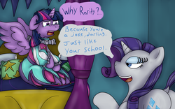 Size: 1600x1000 | Tagged: safe, artist:pavlovzdawg, rarity, twilight sparkle, alicorn, pony, unicorn, g4, school daze, dialogue, dock, female, jester dress, mare, raribitch, twilight sparkle (alicorn)