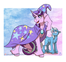 Size: 1024x963 | Tagged: safe, artist:inuhoshi-to-darkpen, starlight glimmer, trixie, pony, unicorn, g4, abstract background, blushing, cape, chest fluff, clothes, clothes swap, curved horn, duo, female, gradient background, hat, horn, lesbian, mare, ship:startrix, shipping, trixie's cape, trixie's hat, unshorn fetlocks
