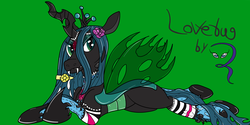 Size: 1600x800 | Tagged: safe, artist:pavlovzdawg, queen chrysalis, changeling, changeling queen, g4, crown, female, flower, flower in hair, green background, jewelry, looking at you, lying down, ponymania, regalia, simple background, solo